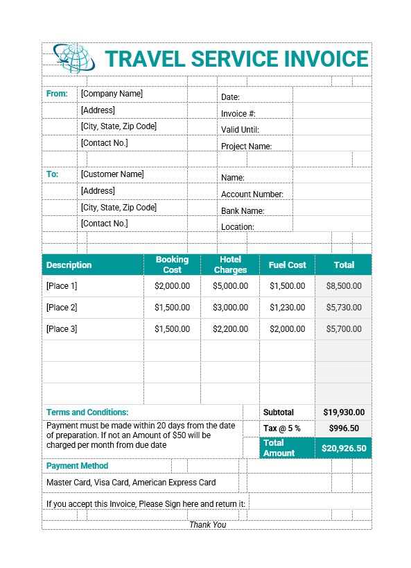 Sample Travel Service Invoice Template PSD template